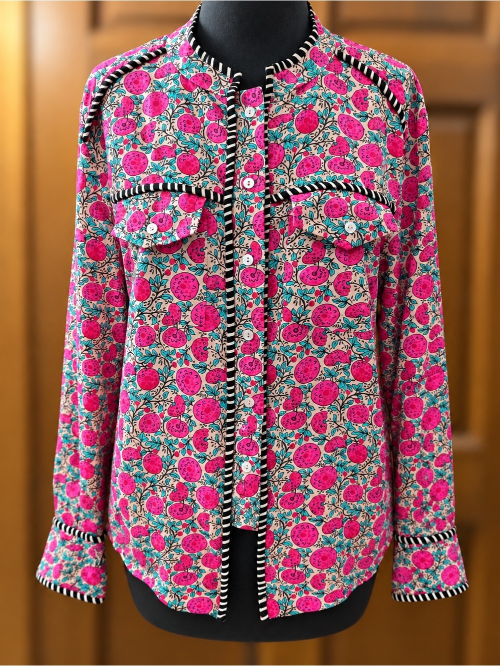 Natural Life Small Pink Floral Button Down Shirt Boho Cottagecore Contrast Trim - Picture 2 of 6